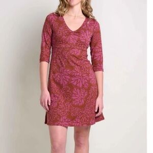 Toad & Co Pink Brown Floral Rosalinda Dress Medium V-Neck Empire Waist Casual